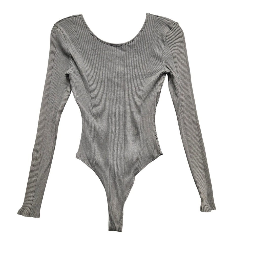 Aerie Ribbed Long Sleeve Bodysuit Strappy Back Size Large Gray Scoop Neck